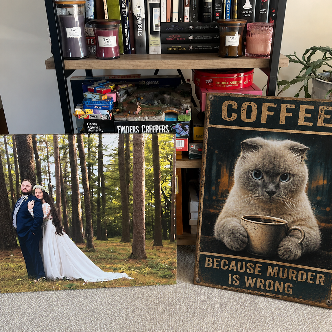 Bookshelf with books, candles, and a decorative sign of a cat holding a coffee cup.